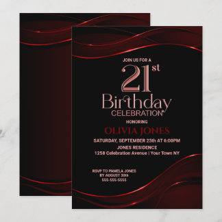 Modern Black Red 21. Geburtstag Party Einladung
