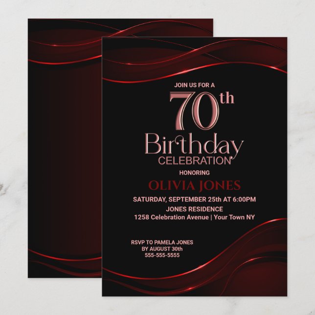 Modern Black Red 70. Geburtstagsparty Einladung (Vorne/Hinten)