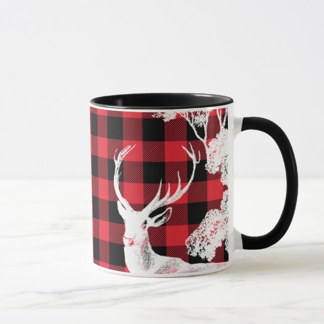 Modern Black Red Buffalo Kariert Hirsche und Name Tasse (Rechts)