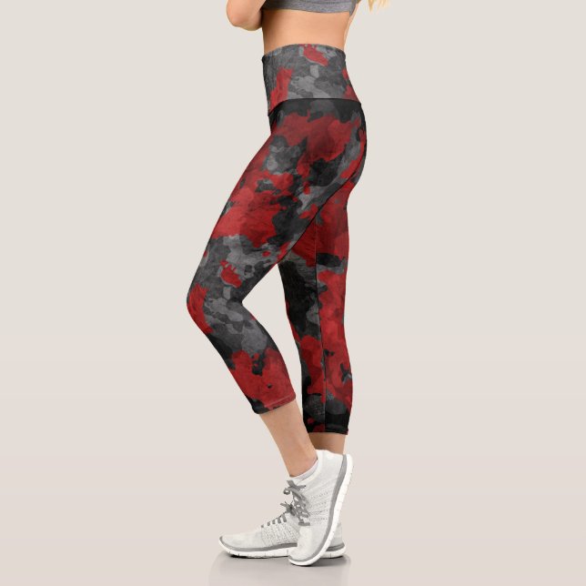 Modern Black Red Camouflage High Waisted Capri Leg Leggings (Links)