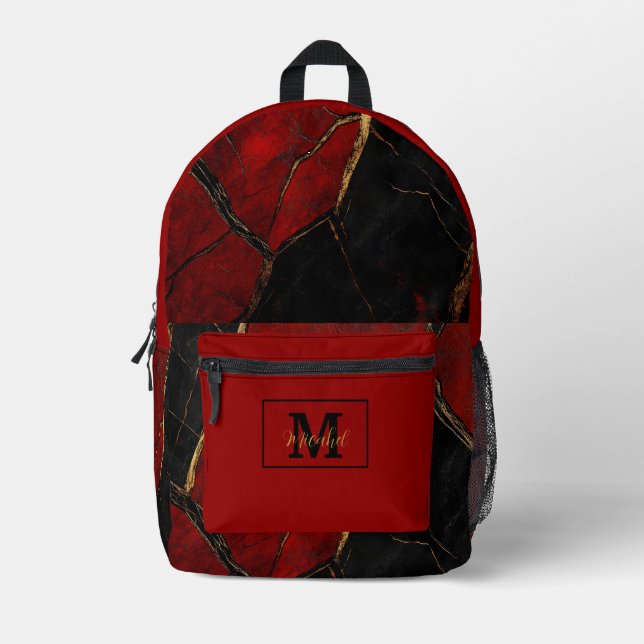 Modern Black Red & Gold Monogram Name  Bedruckter Rucksack (Vorderseite)