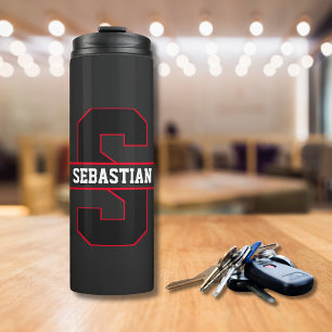 Modern Black Red White Personalisiert Monogram Thermosbecher