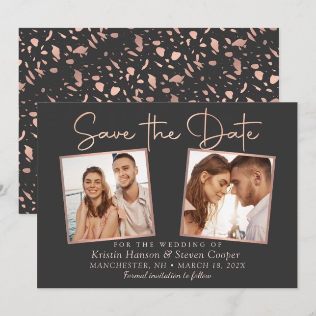 Modern Black Rose Gold 2 Foto Save the Date Card (Vorne/Hinten)