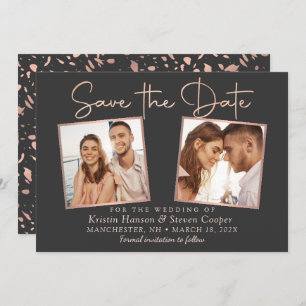 Modern Black Rose Gold 2 Foto Save the Date Card