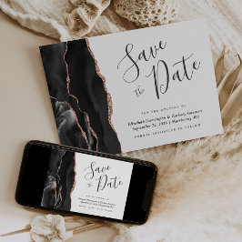 Modern Black Rose Gold Agate Save the Date Card Einladung