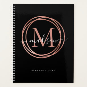 Modern Black Rose Gold Blush Pink Monogram Circle Planer