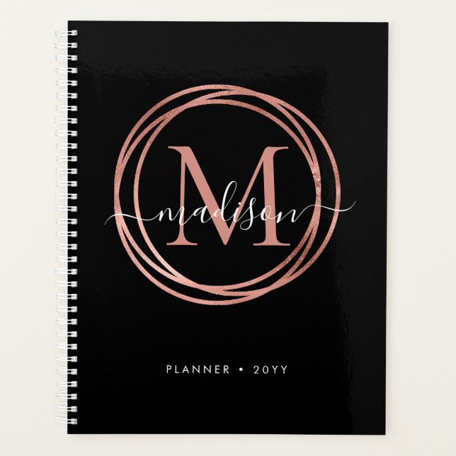 Modern Black Rose Gold Blush Pink Monogram Circle Planer (Vorderseite)
