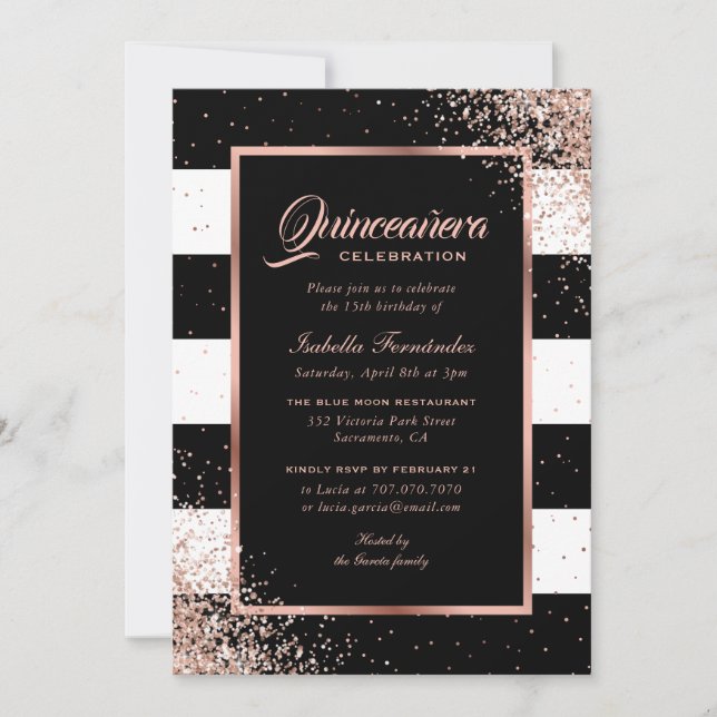 Modern Black Rose Gold Confetti Quinceañera Einladung (Vorderseite)
