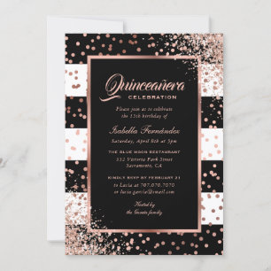 Modern Black Rose Gold Confetti Quinceañera Einladung