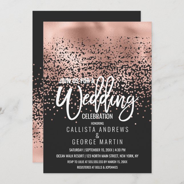 Modern Black Rose Gold Foil Confetti Ombre Wedding Einladung (Vorne/Hinten)