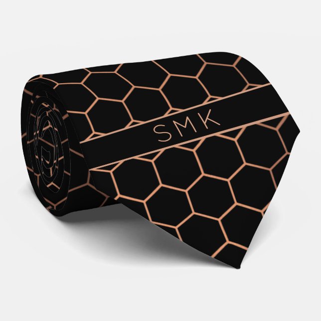 Modern Black Rose Gold Foil Geometric Monogram Krawatte (Gerollt)