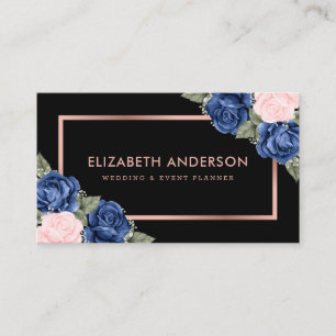 Modern Black Rose Gold Watercolor Blau Rosa Blüten Visitenkarte