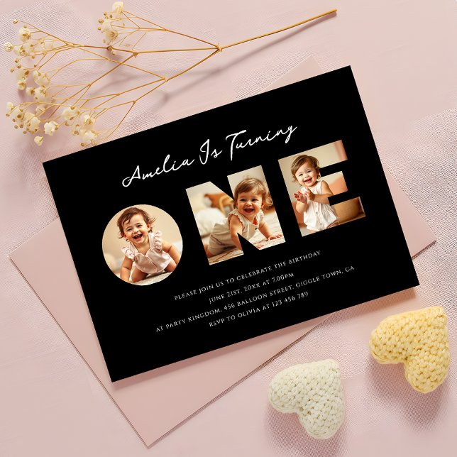 Modern Black Script Foto Collage Erster Geburtstag Einladung (Von Creator hochgeladen)