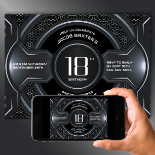 Modern Black Silver 18. Geburtstagsparty Einladung