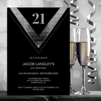 Modern Black Silver 21. Geburtstag Party Einladung