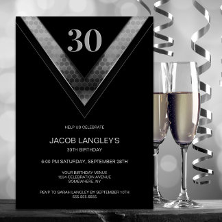Modern Black Silver 30. Geburtstag Party Einladung