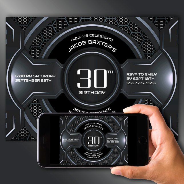 Modern Black Silver 30. Geburtstag Party Einladung (Von Creator hochgeladen)