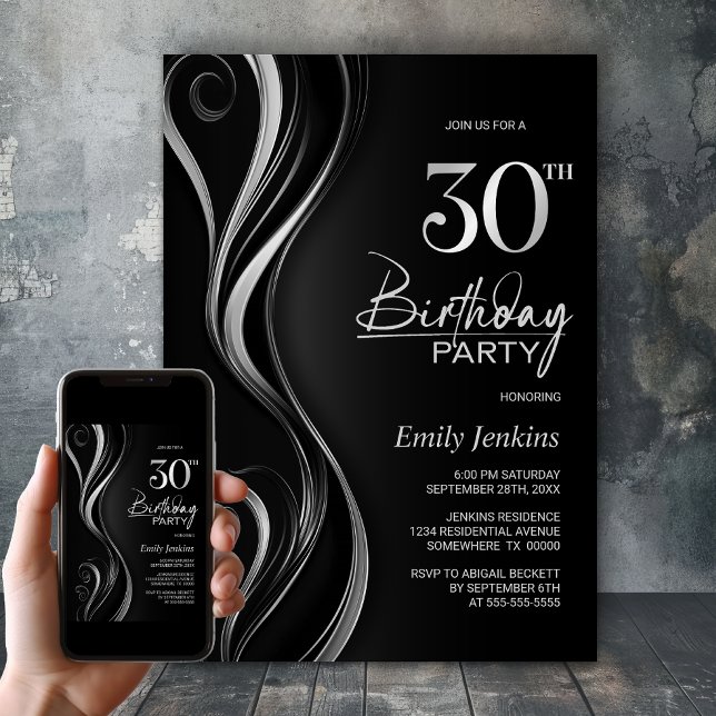 Modern Black Silver 30. Geburtstag Party Einladung (Von Creator hochgeladen)
