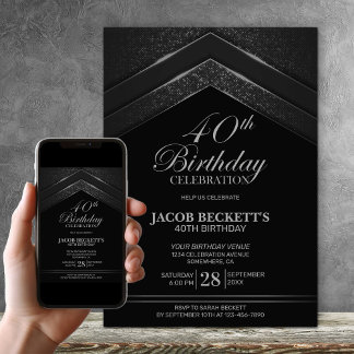 Modern Black Silver 40. Geburtstag Party Einladung