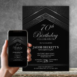 Modern Black Silver 70th Birthday Party Einladung<br><div class="desc">Mit dieser 70. Geburtstagsfeier in Schwarz und Silber feiern Sie Ihren Ehrengast auf einem Meilenstein. Stilvoll modern und elegant, Set für einen unvergesslichen Abend. Die Personalisierung der Einladungen ist eine Brise, füllen Sie einfach die wesentlichen Details mit den angegebenen Vorlagen aus. Sie können aus einer Vielzahl von Papiertypen und Eckstilen...</div>