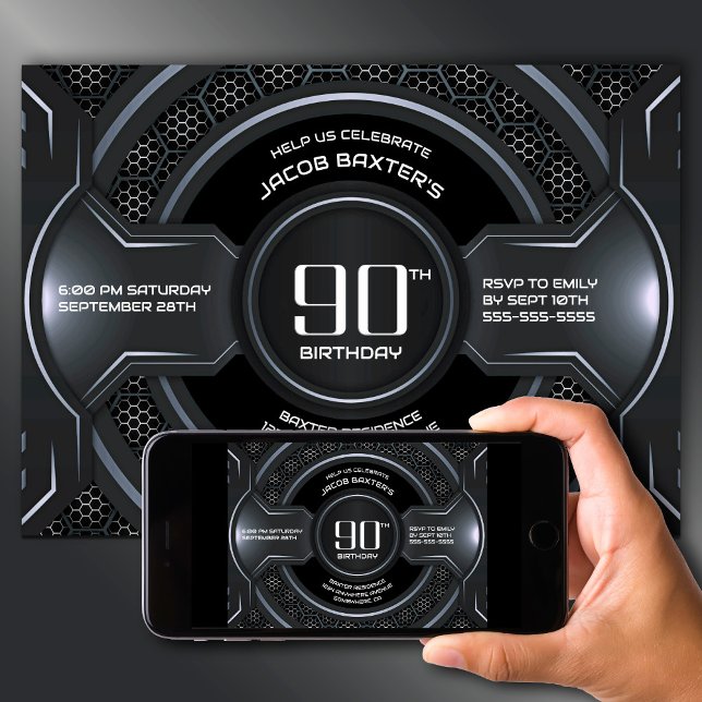 Modern Black Silver 90. Geburtstagsparty Einladung (Von Creator hochgeladen)