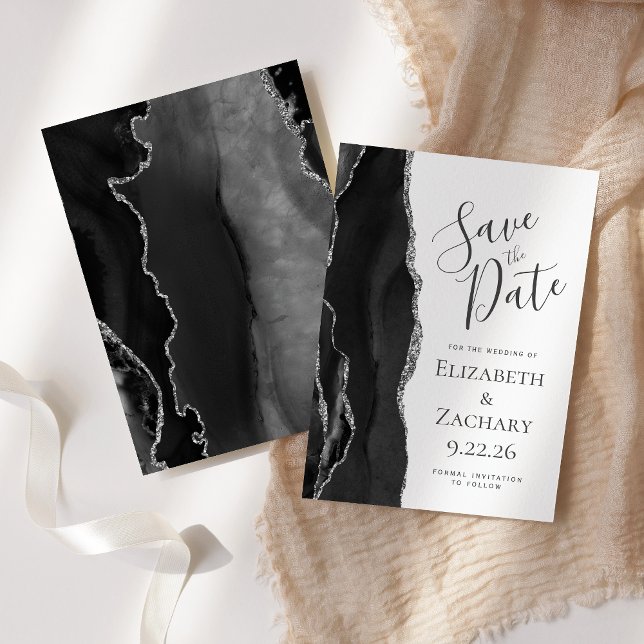 Modern Black Silver Agate Save the Date (Von Creator hochgeladen)