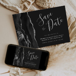 Modern Black Silver Agate Save the Date Card Einladung