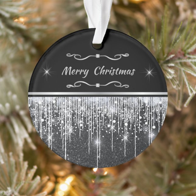 Modern Black Silver Sparkle Script Family Business Ornament (Baum)