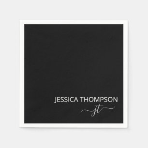 Modern Black Simple Script Monogram Name Cocktail Serviette