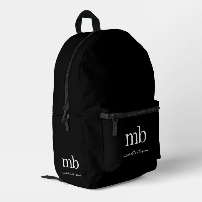 Modern Black Simple Trendy Script Initial Monogram Bedruckter Rucksack (Rückseitige Ecke links)