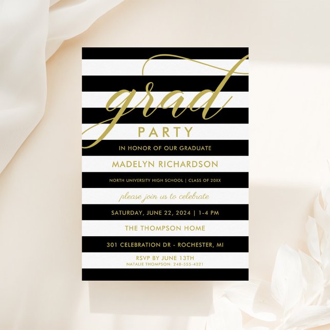 Modern Black Stripes Gold Custom Grad Party Einladung (Von Creator hochgeladen)
