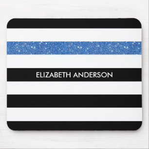 Modern Black Stripes IMITATE Blue Glitz und Name Mousepad
