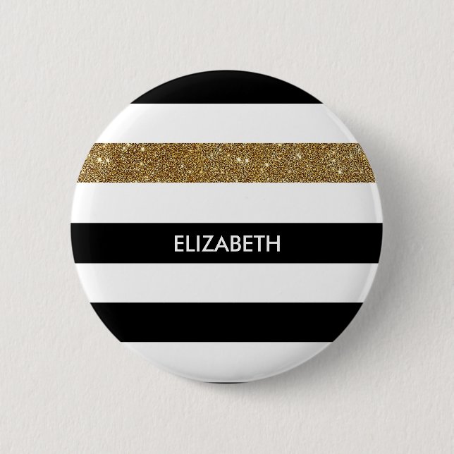 Modern Black Stripes IMITATE Gold Glitz und Name Button (Vorderseite)
