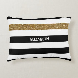 Modern Black Stripes IMITATE Gold Glitz und Name Dekokissen