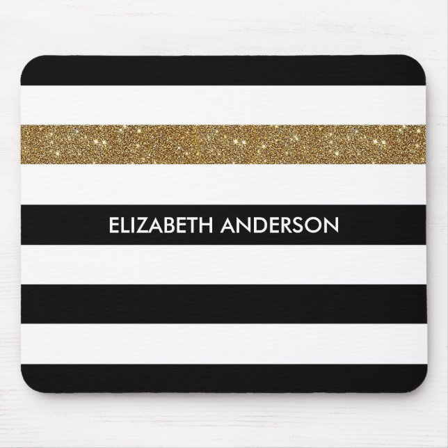 Modern Black Stripes IMITATE Gold Glitz und Name Mousepad (Vorne)