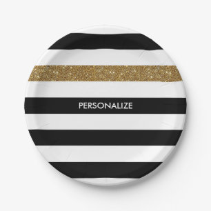 Modern Black Stripes IMITATE Gold Glitz und Name Pappteller