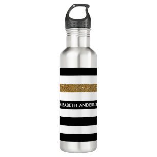 Modern Black Stripes IMITATE Gold Glitz und Name Trinkflasche