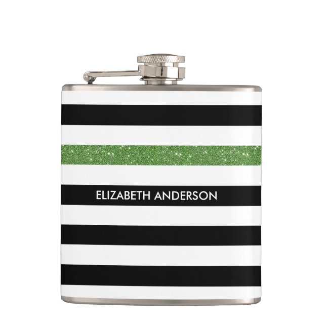 Modern Black Stripes IMITATE Green Glitz und Name Flachmann (Vorderseite)