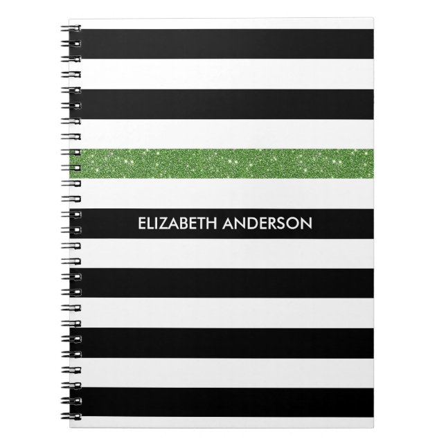 Modern Black Stripes IMITATE Green Glitz und Name Notizblock (Vorderseite)