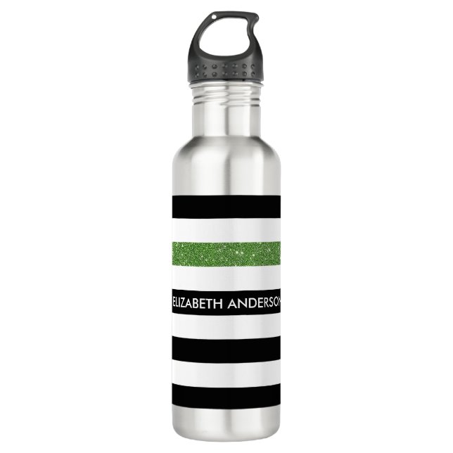 Modern Black Stripes IMITATE Green Glitz und Name Trinkflasche (Vorderseite)