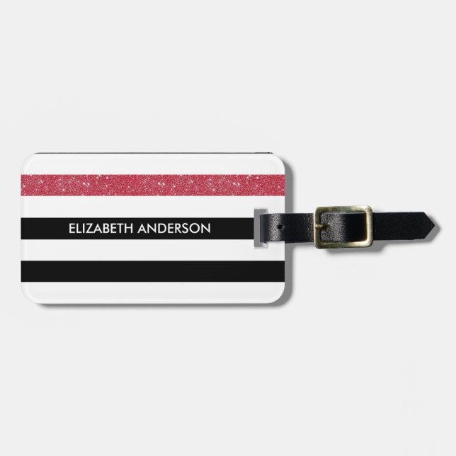 Modern Black Stripes IMITATE Red Glitz und Name Gepäckanhänger (Vorderseite horizontal)