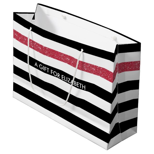 Modern Black Stripes IMITATE Red Glitz und Name Große Geschenktüte (Vorderseite Schrägansicht)