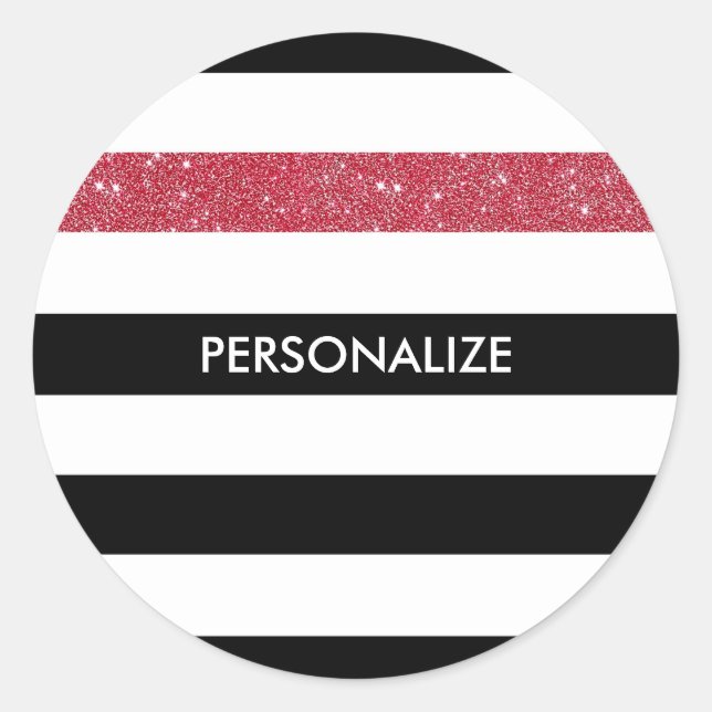 Modern Black Stripes IMITATE Red Glitz und Name Runder Aufkleber (Vorderseite)