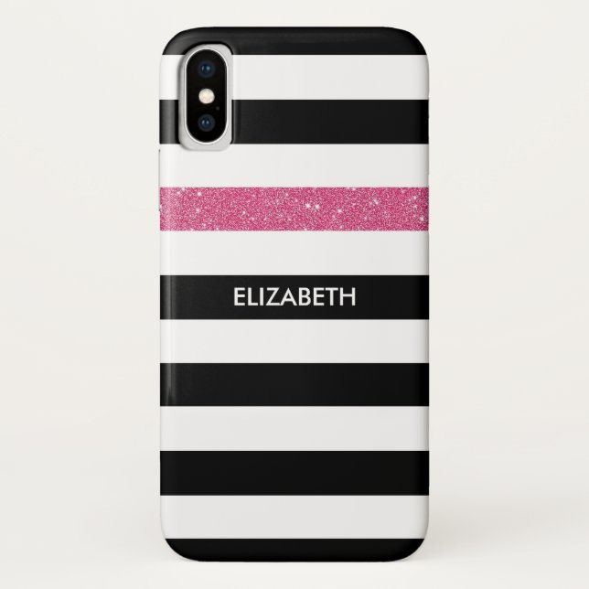Modern Black Stripes IMITATE Rosa Glitz und Name Case-Mate iPhone Hülle (Rückseite)