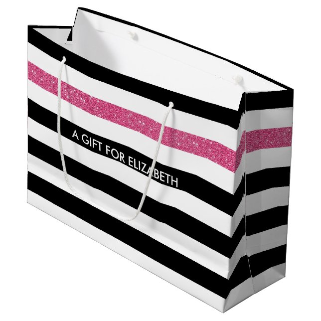 Modern Black Stripes IMITATE Rosa Glitz und Name Große Geschenktüte (Vorderseite Schrägansicht)