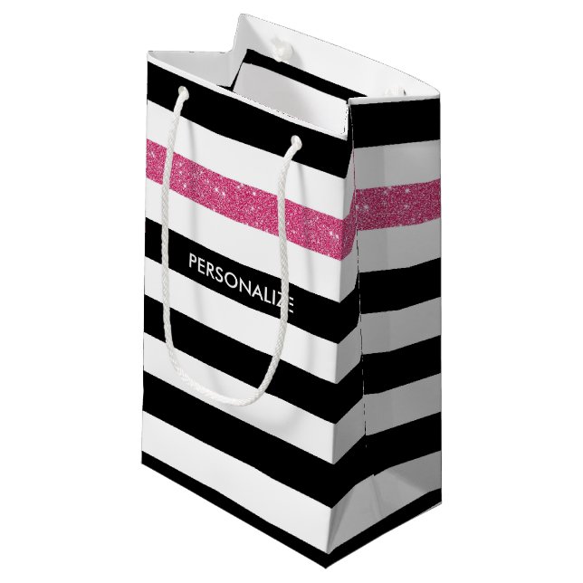 Modern Black Stripes IMITATE Rosa Glitz und Name Kleine Geschenktüte (Vorderseite Schrägansicht)