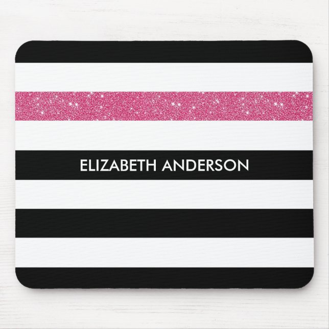 Modern Black Stripes IMITATE Rosa Glitz und Name Mousepad (Vorne)