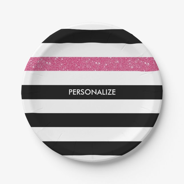 Modern Black Stripes IMITATE Rosa Glitz und Name Pappteller (Vorderseite)