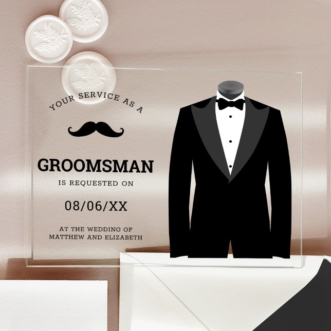 Modern Black Tuxedo Groomsman Request Acryleinladungen (Von Creator hochgeladen)