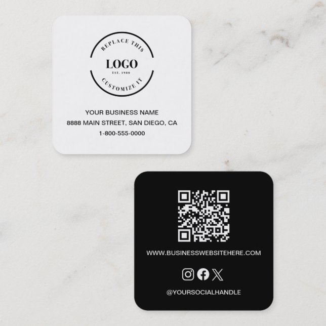 Modern Black White Business Branding QR code Quadratische Visitenkarte (Vorne/Hinten)